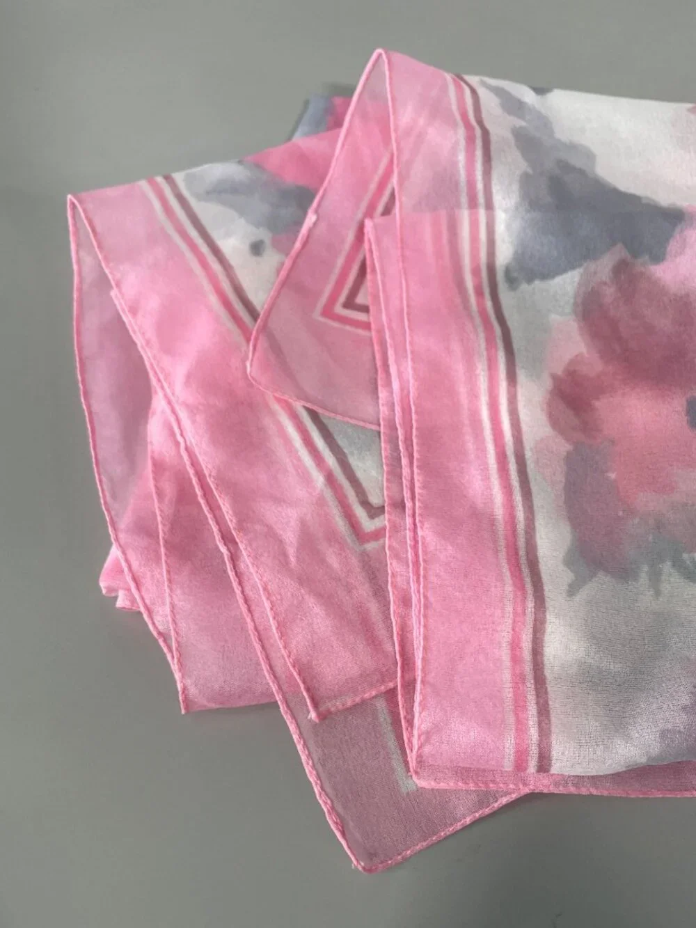 Vintage Scarf Floral Watercolor Print Square Pink White Gray Boho Feminine Fairy